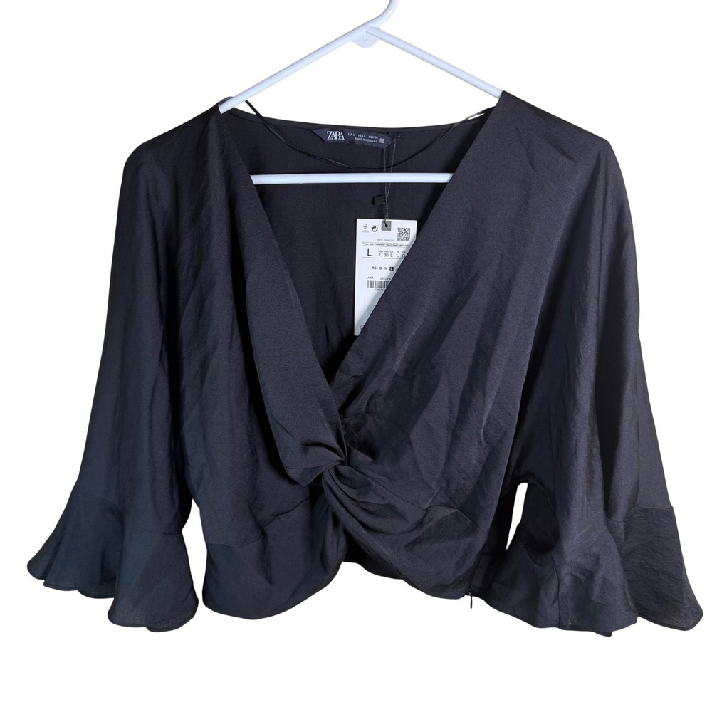 NWT Zara Twist-Front Ruffle Bell-Sleeve Blouse Women Large Black Cropped Goth
